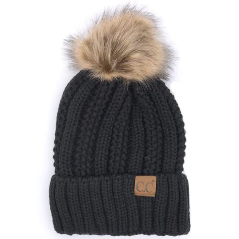 YJ-820 SHERPA LINED BEANIE W/FAUX FUR POM – BLACK