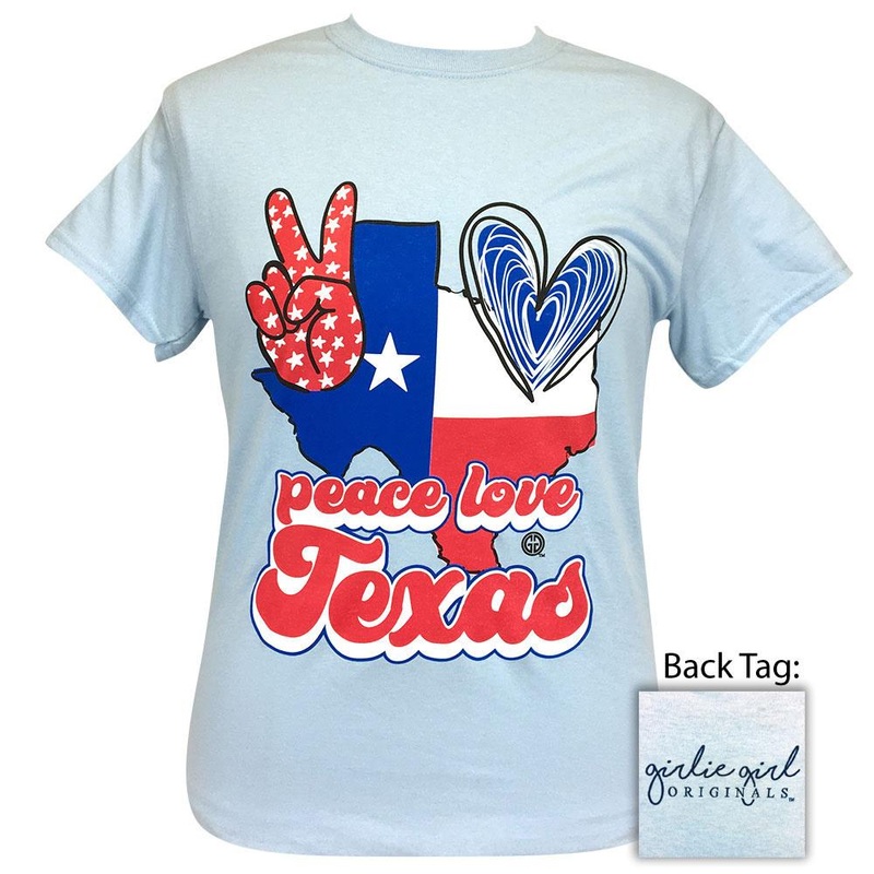Peace Love TX Light Blue SS|Light Blue|Youth Small|Youth Medium|Youth Large|Adult Small|Adult Medium|Adult Large|Adult X Large|Adult XX Large|Adult XXX Large