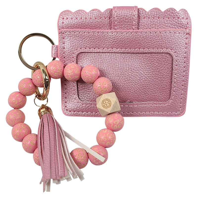 CL-7311 Beaded Leopard Wristlet ID Wallet Pink