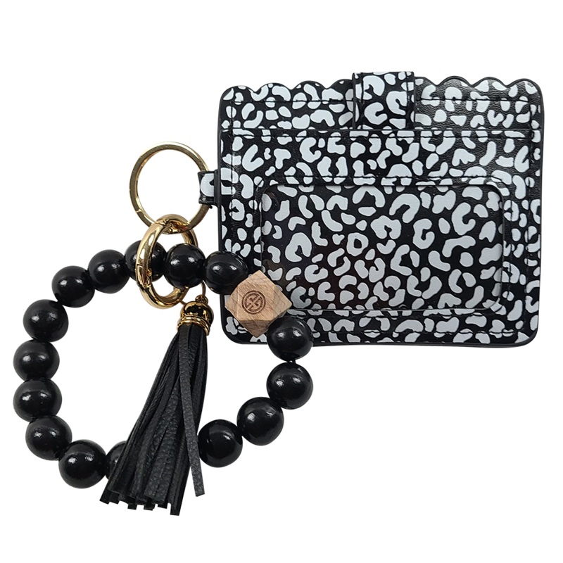 CL-7311 Beaded Wristlet ID Wallet Leopard Black