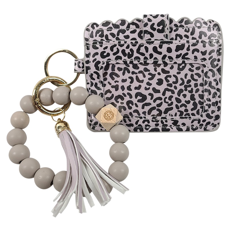 CL-7311 Beaded Wristlet ID Wallet Leopard Grey