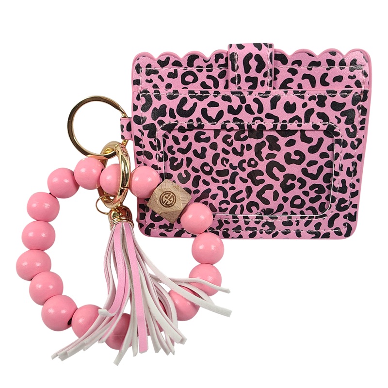 CL-7311 Beaded Wristlet ID Wallet Leopard Pink
