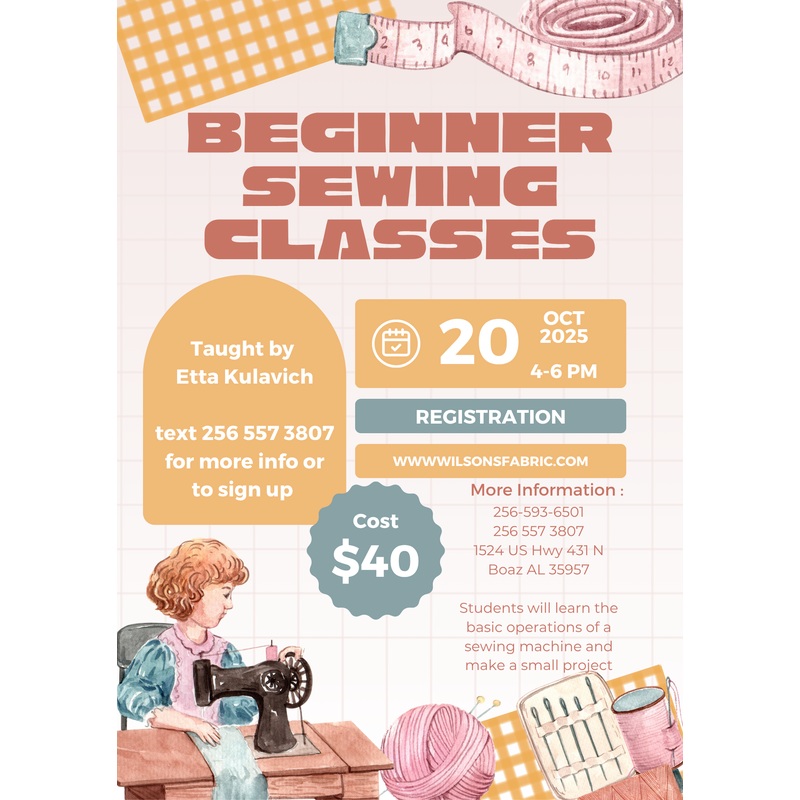 Beginner Sewing Class Monday October 20th 4-6pm