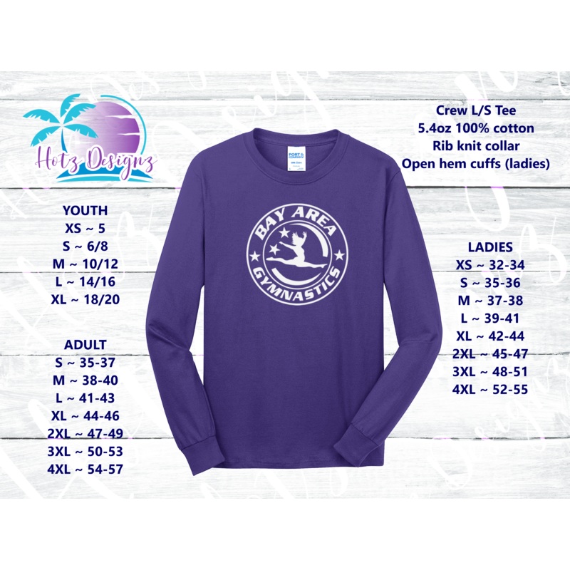 Bay Area Gymnastics Logo Long Sleeve Purple Shirt