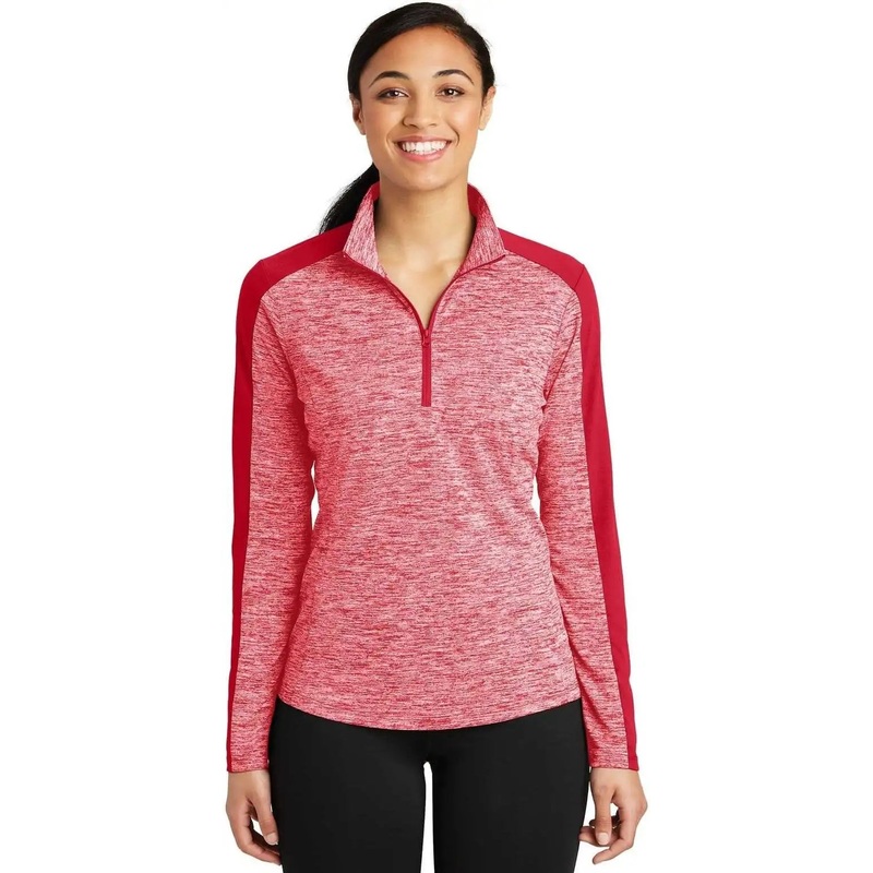 Sport-Tek LST397 Ladies PosiCharge Electric Heather Colorblock 1/4-Zip Pullover – Deep Red Electric Deep Red