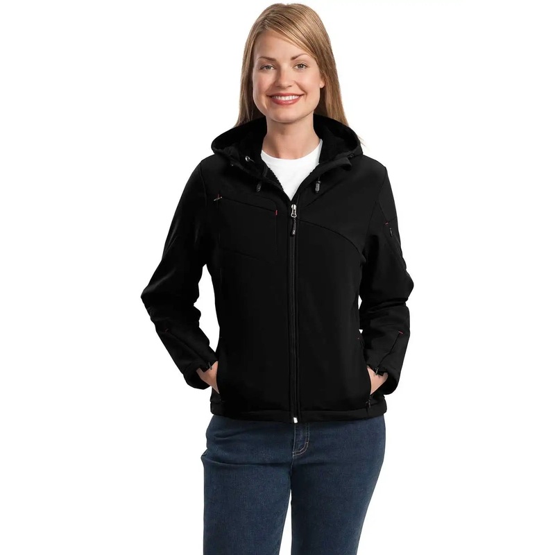 Port Authority L706 Ladies Textured Hooded Soft Shell Jacket – Black Engine Red