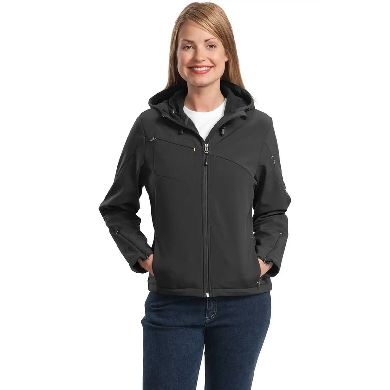 Port Authority L706 Ladies Textured Hooded Soft Shell Jacket – Charcoal Lemon Yellow