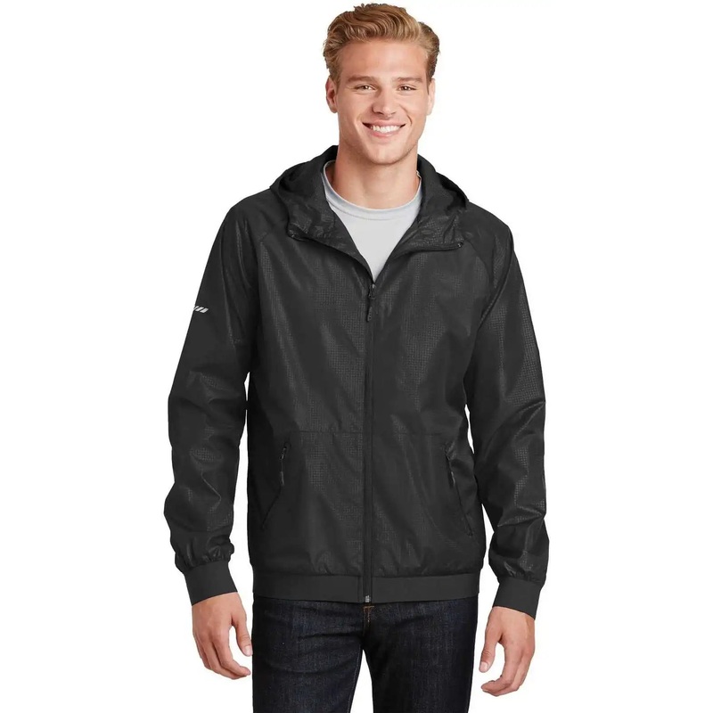 Sport-Tek JST53 Embossed Hooded Wind Jacket – Black Black
