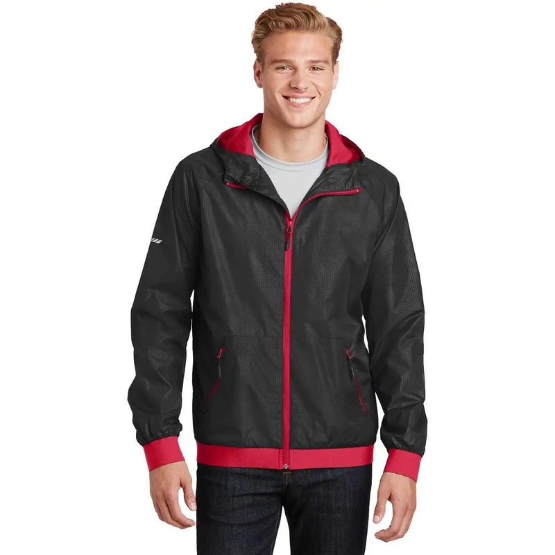 Sport-Tek JST53 Embossed Hooded Wind Jacket – Black True Red