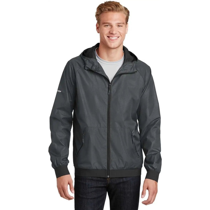 Sport-Tek JST53 Embossed Hooded Wind Jacket – Graphite Black