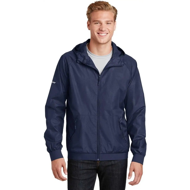 Sport-Tek JST53 Embossed Hooded Wind Jacket – True Navy True Navy