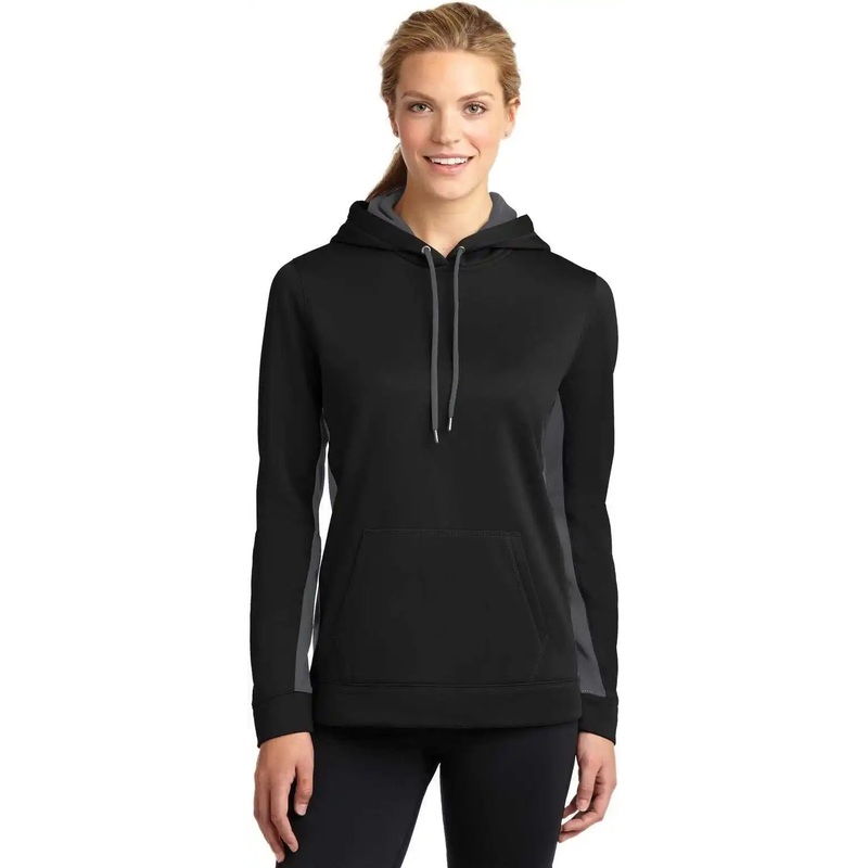 Sport-Tek LST235 Ladies Sport-Wick Fleece Colorblock Hooded Pullover – Black Dark Smoke Gray