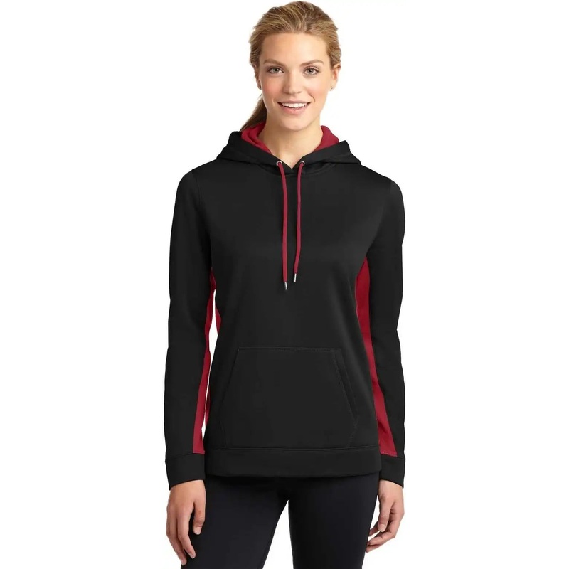Sport-Tek LST235 Ladies Sport-Wick Fleece Colorblock Hooded Pullover – Black Deep Red