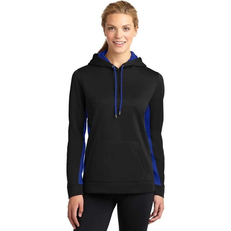 Sport-Tek LST235 Ladies Sport-Wick Fleece Colorblock Hooded Pullover – Black True Royal