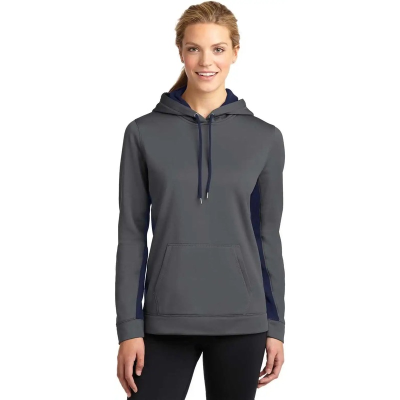 Sport-Tek LST235 Ladies Sport-Wick Fleece Colorblock Hooded Pullover – Dark Smoke Gray Navy