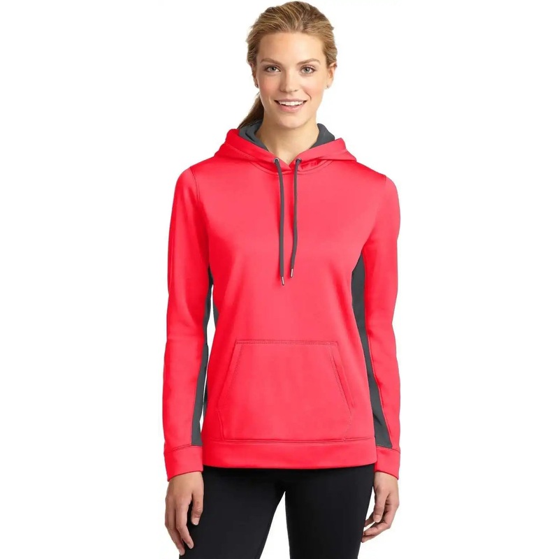 Sport-Tek LST235 Ladies Sport-Wick Fleece Colorblock Hooded Pullover – Hot Coral Dark Smoke Gray