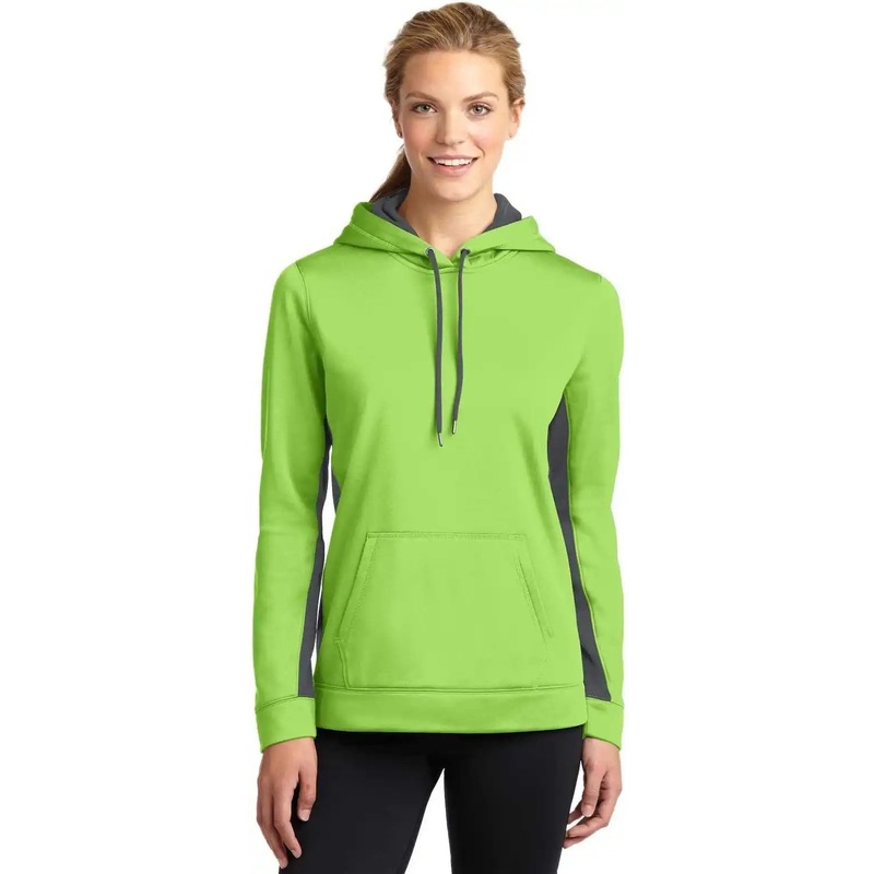 Sport-Tek LST235 Ladies Sport-Wick Fleece Colorblock Hooded Pullover – Lime Shock Dark Smoke Gray