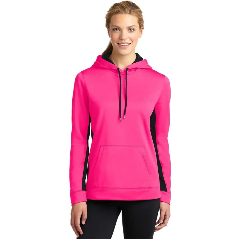 Sport-Tek LST235 Ladies Sport-Wick Fleece Colorblock Hooded Pullover – Neon Pink Black