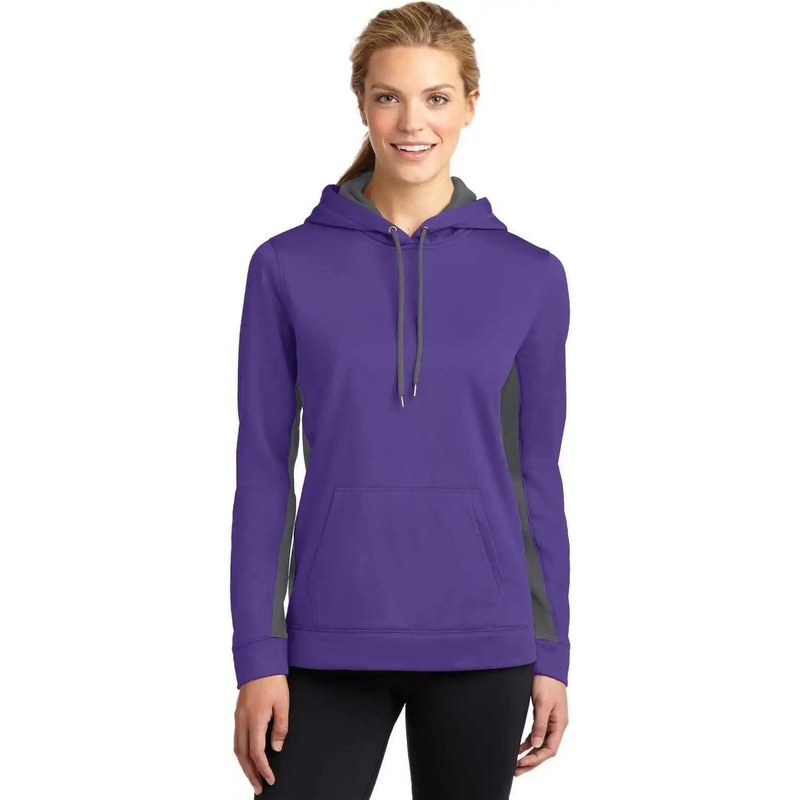 Sport-Tek LST235 Ladies Sport-Wick Fleece Colorblock Hooded Pullover – Purple Dark Smoke Gray