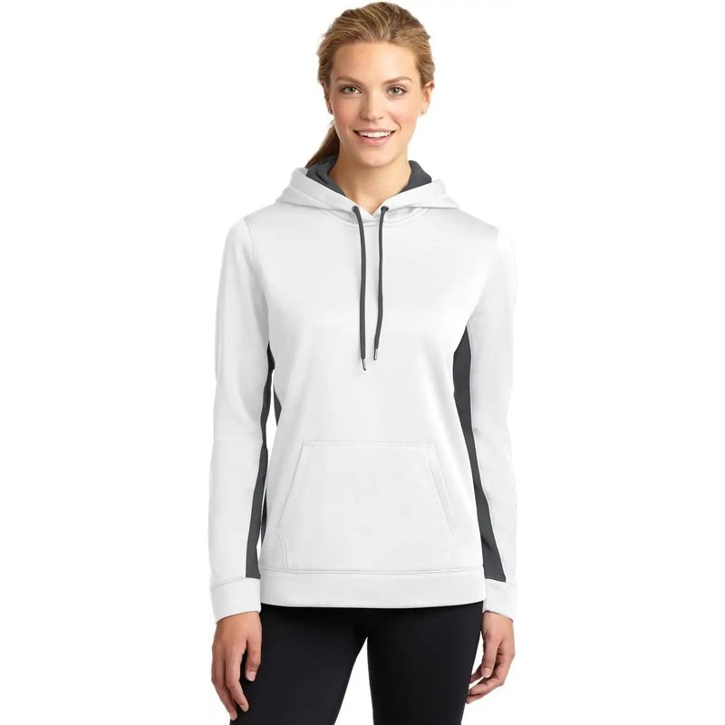 Sport-Tek LST235 Ladies Sport-Wick Fleece Colorblock Hooded Pullover – White Dark Smoke Gray
