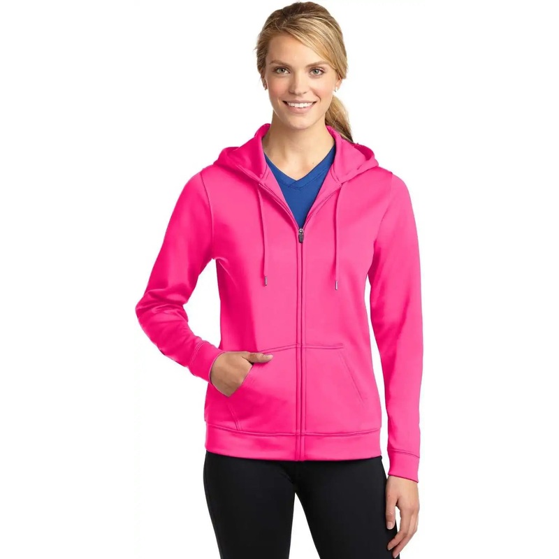 Sport-Tek LST238 Ladies Sport-Wick Fleece Full-Zip Hooded Jacket – Neon Pink