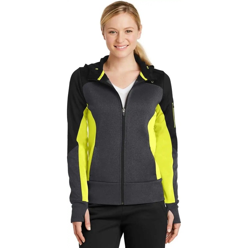 Sport-Tek LST245 Ladies Tech Fleece Colorblock Full-Zip Hooded Jacket – Black Graphite Heather Citron