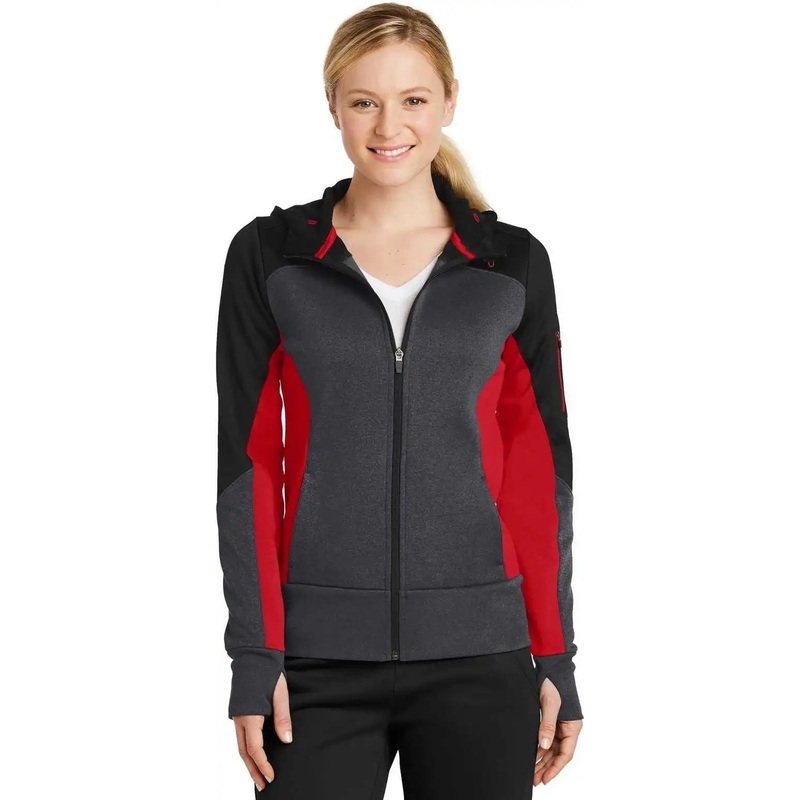 Sport-Tek LST245 Ladies Tech Fleece Colorblock Full-Zip Hooded Jacket – Black Graphite Heather True Red