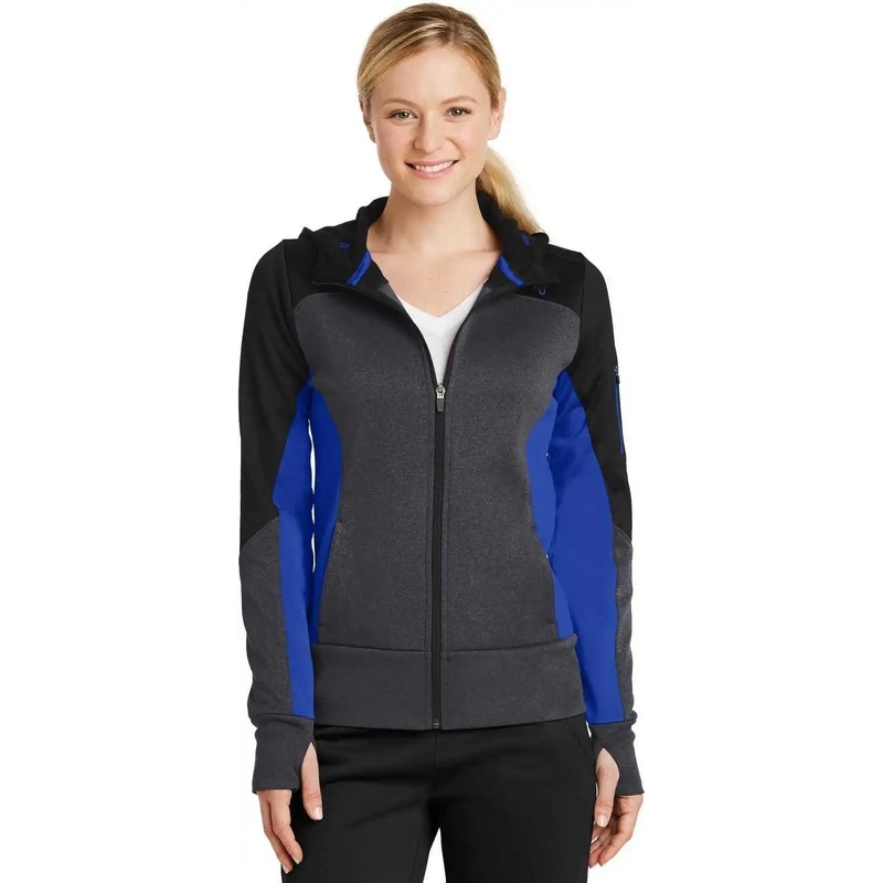 Sport-Tek LST245 Ladies Tech Fleece Colorblock Full-Zip Hooded Jacket – Black Graphite Heather True Royal