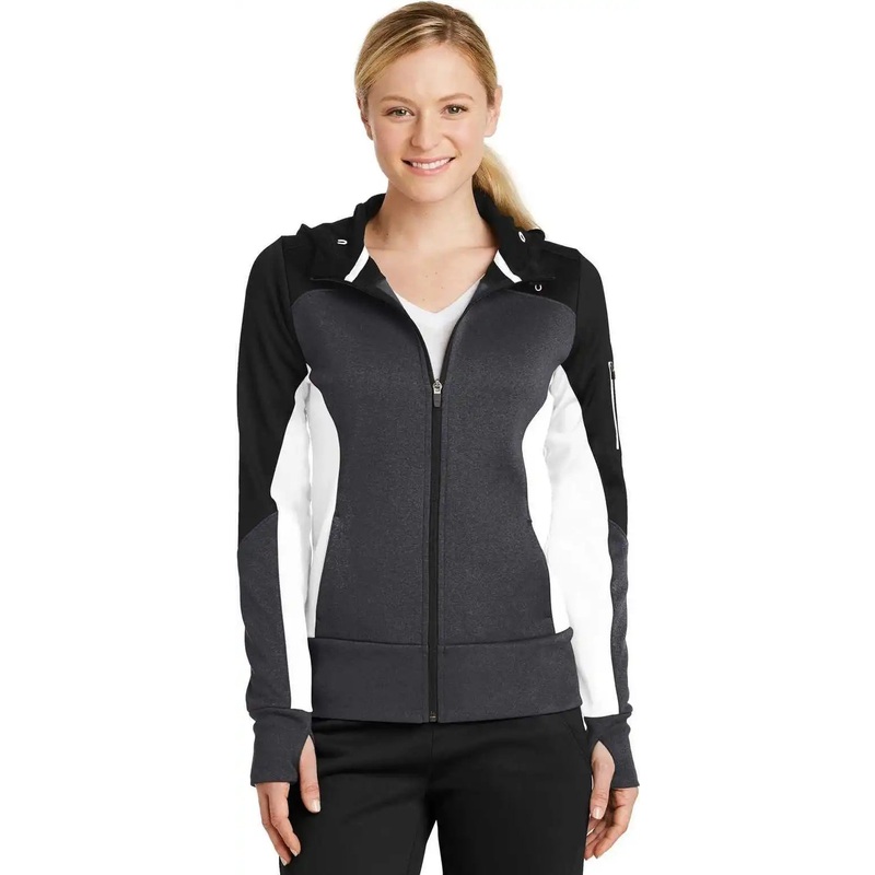 Sport-Tek LST245 Ladies Tech Fleece Colorblock Full-Zip Hooded Jacket – Black Graphite Heather White