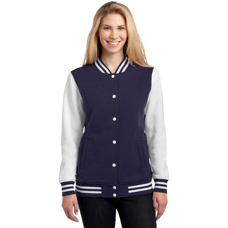 Sport-Tek LST270 Ladies Fleece Letterman Jacket – True Navy White