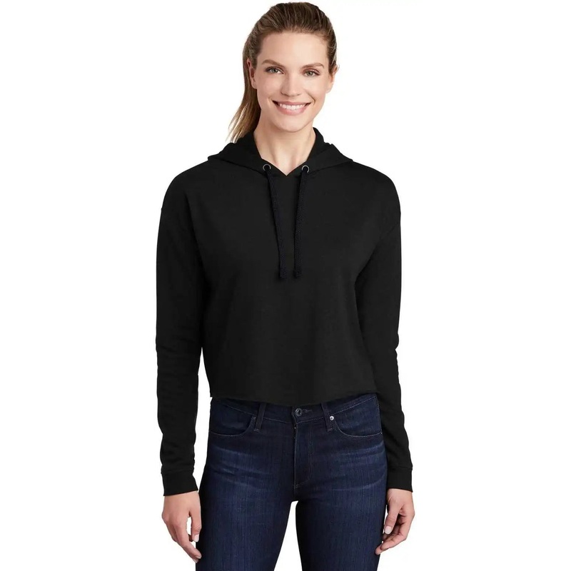 Sport-Tek LST298 Ladies PosiCharge Tri-Blend Wicking Fleece Crop Hooded Pullover – Black Triad Solid