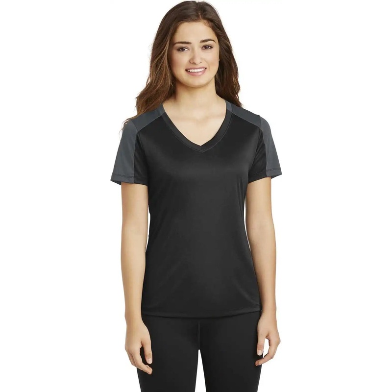 Sport-Tek LST354 Ladies PosiCharge Competitor Sleeve-Blocked V-Neck Tee – Black Iron Gray