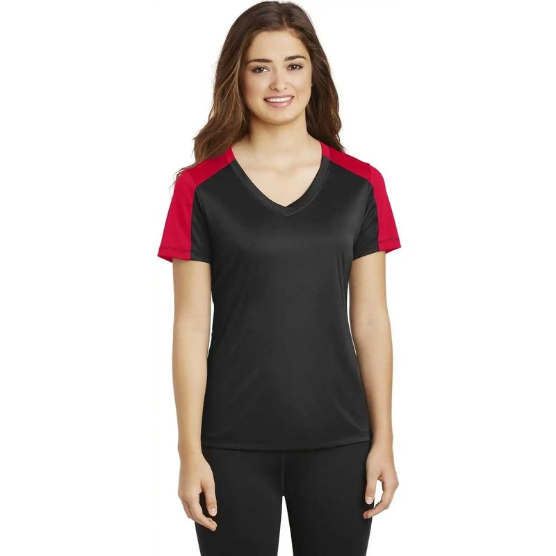 Sport-Tek LST354 Ladies PosiCharge Competitor Sleeve-Blocked V-Neck Tee – Black True Red