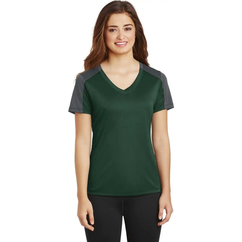Sport-Tek LST354 Ladies PosiCharge Competitor Sleeve-Blocked V-Neck Tee – Forest Green Iron Gray