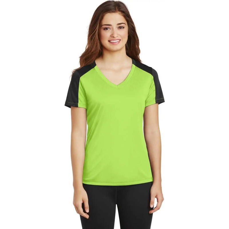Sport-Tek LST354 Ladies PosiCharge Competitor Sleeve-Blocked V-Neck Tee – Lime Shock Black