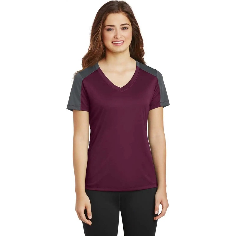 Sport-Tek LST354 Ladies PosiCharge Competitor Sleeve-Blocked V-Neck Tee – Maroon Iron Gray