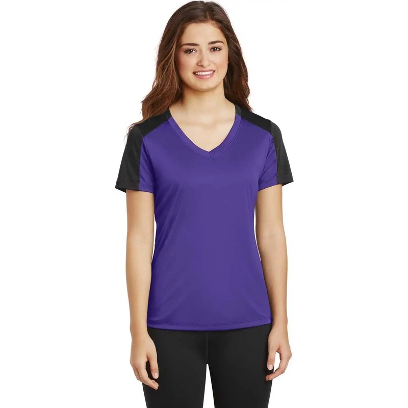 Sport-Tek LST354 Ladies PosiCharge Competitor Sleeve-Blocked V-Neck Tee – Purple Black