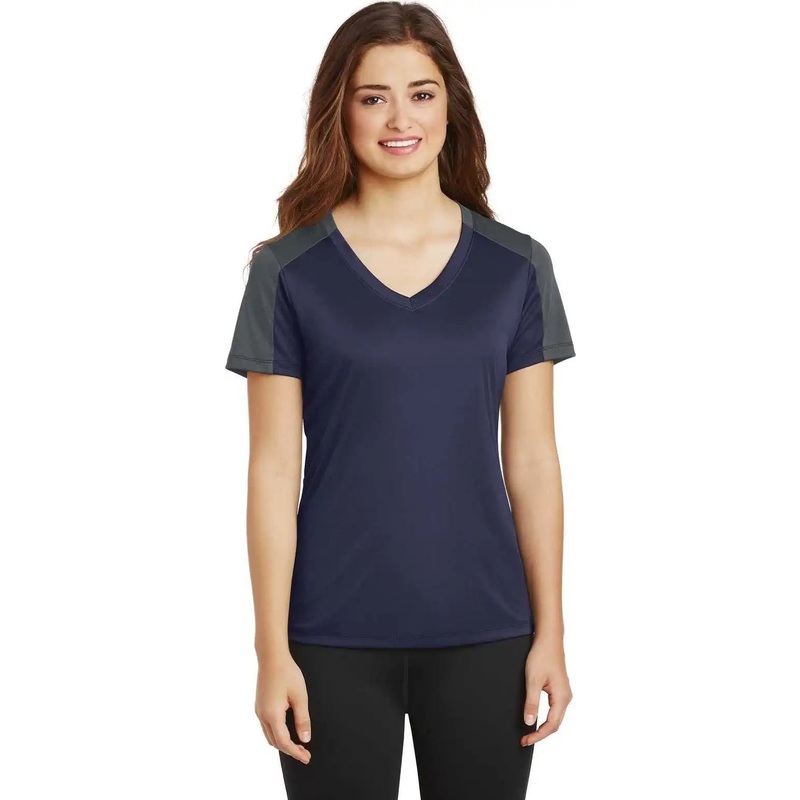 Sport-Tek LST354 Ladies PosiCharge Competitor Sleeve-Blocked V-Neck Tee – True Navy Iron Gray