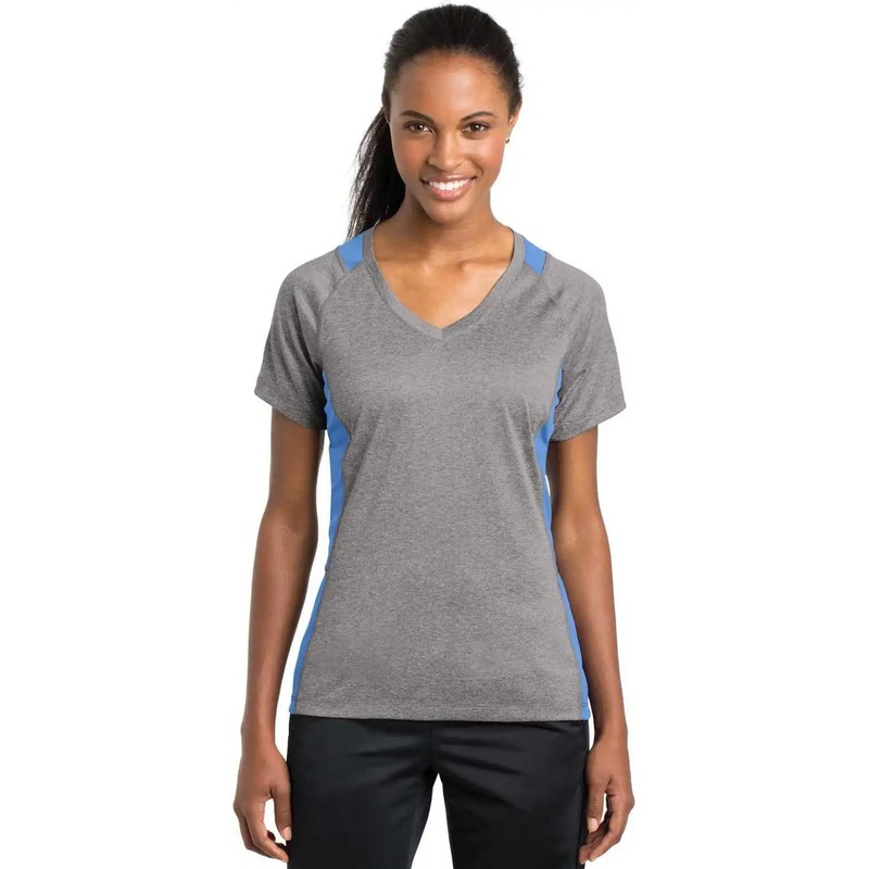 Sport-Tek LST361 Ladies Heather Colorblock Contender V-Neck Tee – Vintage Heather Carolina Blue
