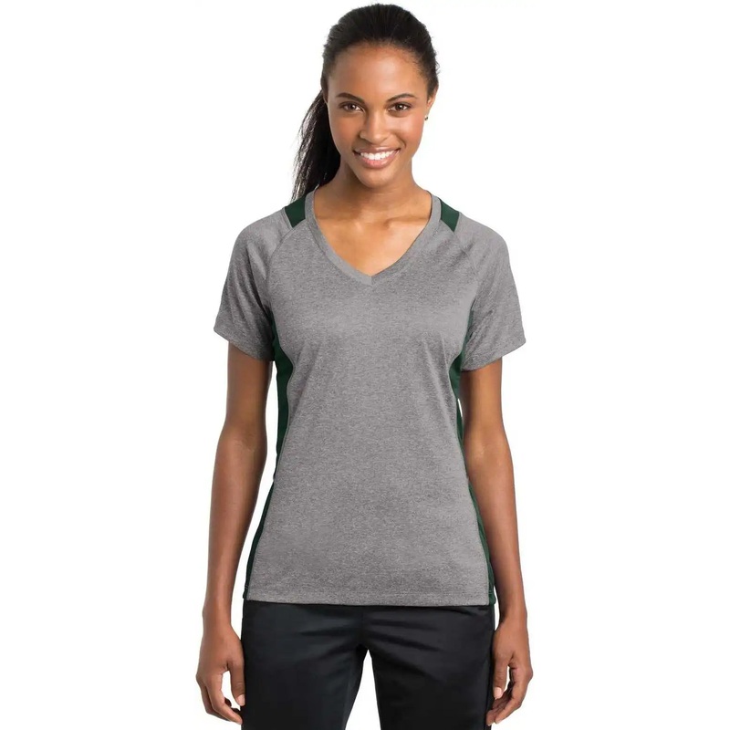 Sport-Tek LST361 Ladies Heather Colorblock Contender V-Neck Tee – Vintage Heather Forest Green