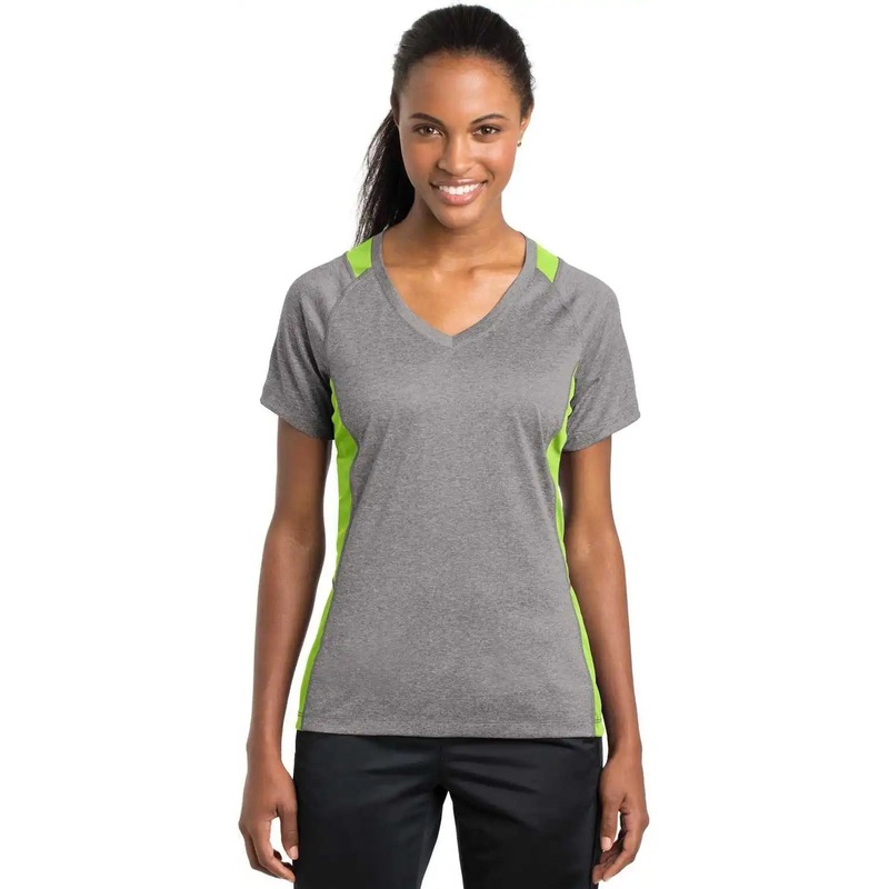 Sport-Tek LST361 Ladies Heather Colorblock Contender V-Neck Tee – Vintage Heather Lime Shock