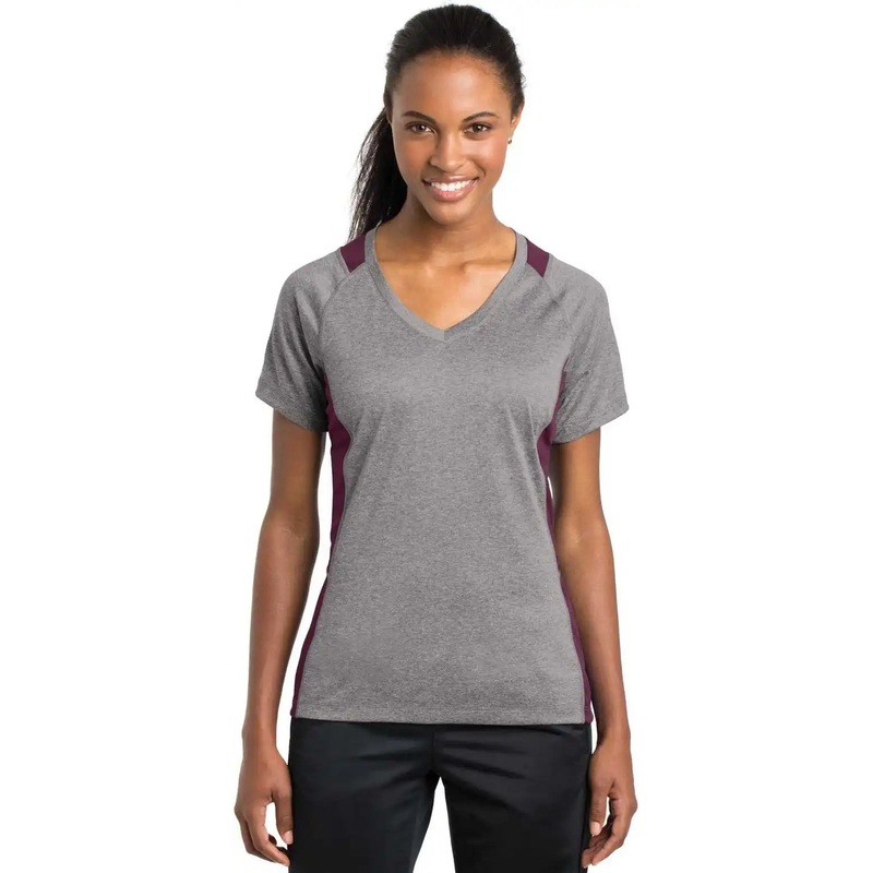 Sport-Tek LST361 Ladies Heather Colorblock Contender V-Neck Tee – Vintage Heather Maroon