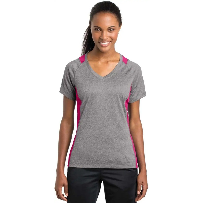 Sport-Tek LST361 Ladies Heather Colorblock Contender V-Neck Tee – Vintage Heather Pink Raspberry