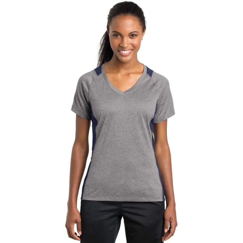 Sport-Tek LST361 Ladies Heather Colorblock Contender V-Neck Tee – Vintage Heather True Navy
