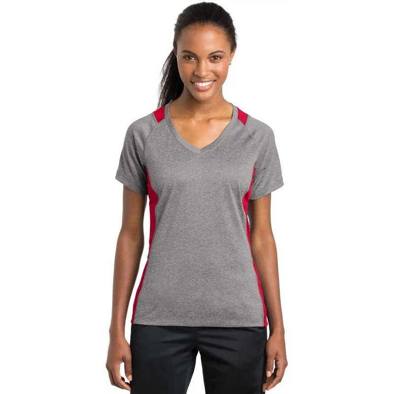 Sport-Tek LST361 Ladies Heather Colorblock Contender V-Neck Tee – Vintage Heather True Red