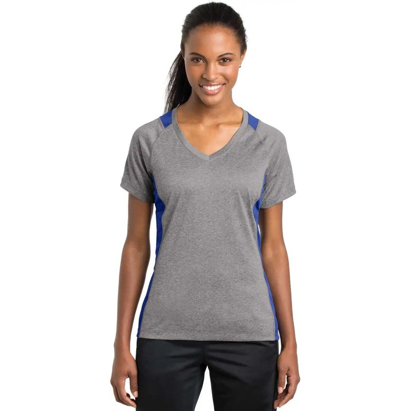 Sport-Tek LST361 Ladies Heather Colorblock Contender V-Neck Tee – Vintage Heather True Royal