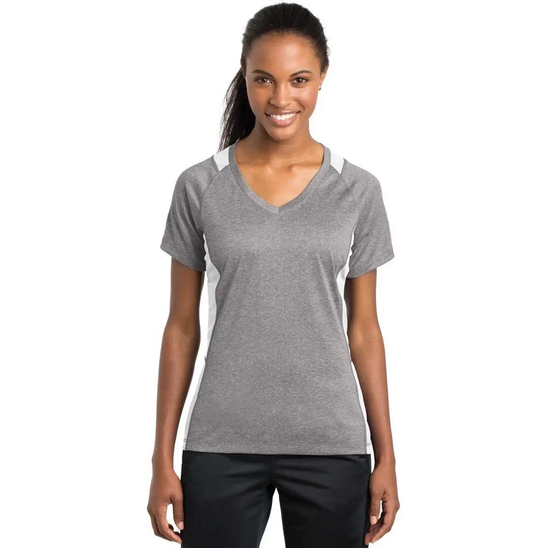Sport-Tek LST361 Ladies Heather Colorblock Contender V-Neck Tee – Vintage Heather White