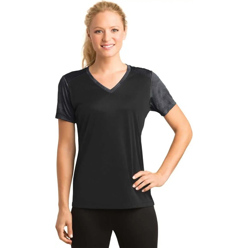 Sport-Tek LST371 Ladies CamoHex Colorblock V-Neck Tee – Black Iron Gray