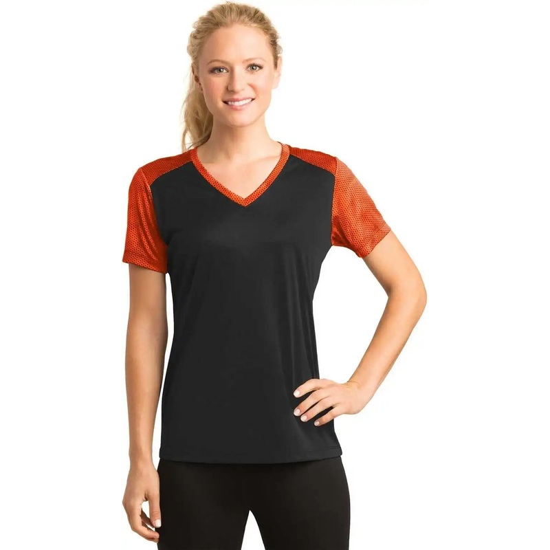 Sport-Tek LST371 Ladies CamoHex Colorblock V-Neck Tee – Black Neon Orange