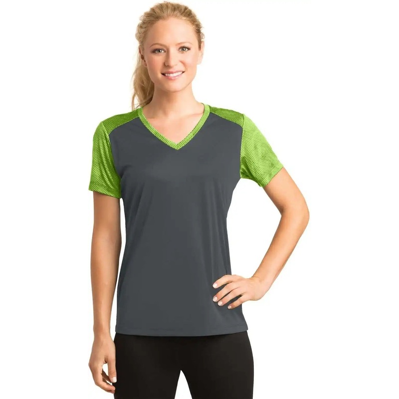 Sport-Tek LST371 Ladies CamoHex Colorblock V-Neck Tee – Iron Gray Lime Shock